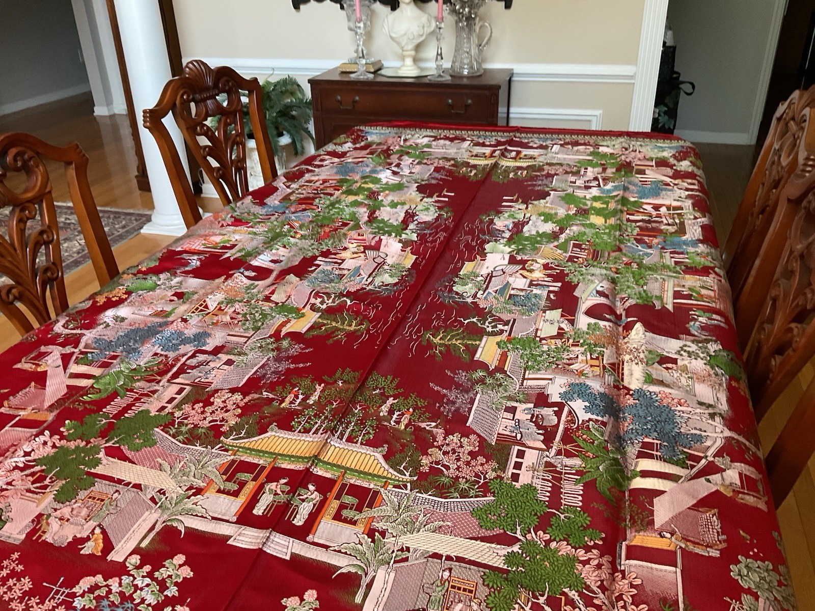 Vintage Brocaded Flowers brand Chinese Red Silk Tapestry Tablecloth 80″x54″