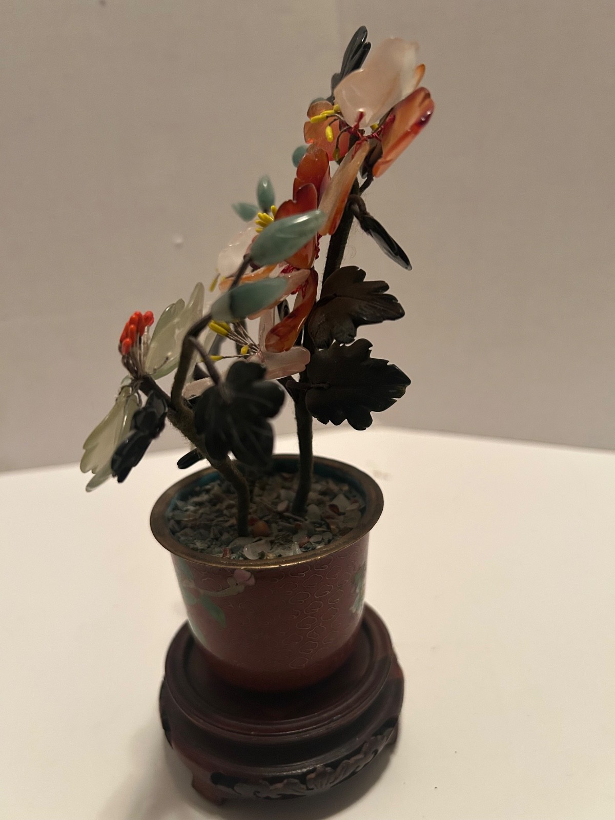 Vtg Chinese Jade Glass Leaves Multi-Color Flowers Bonsai Tree Green Celadon Mini