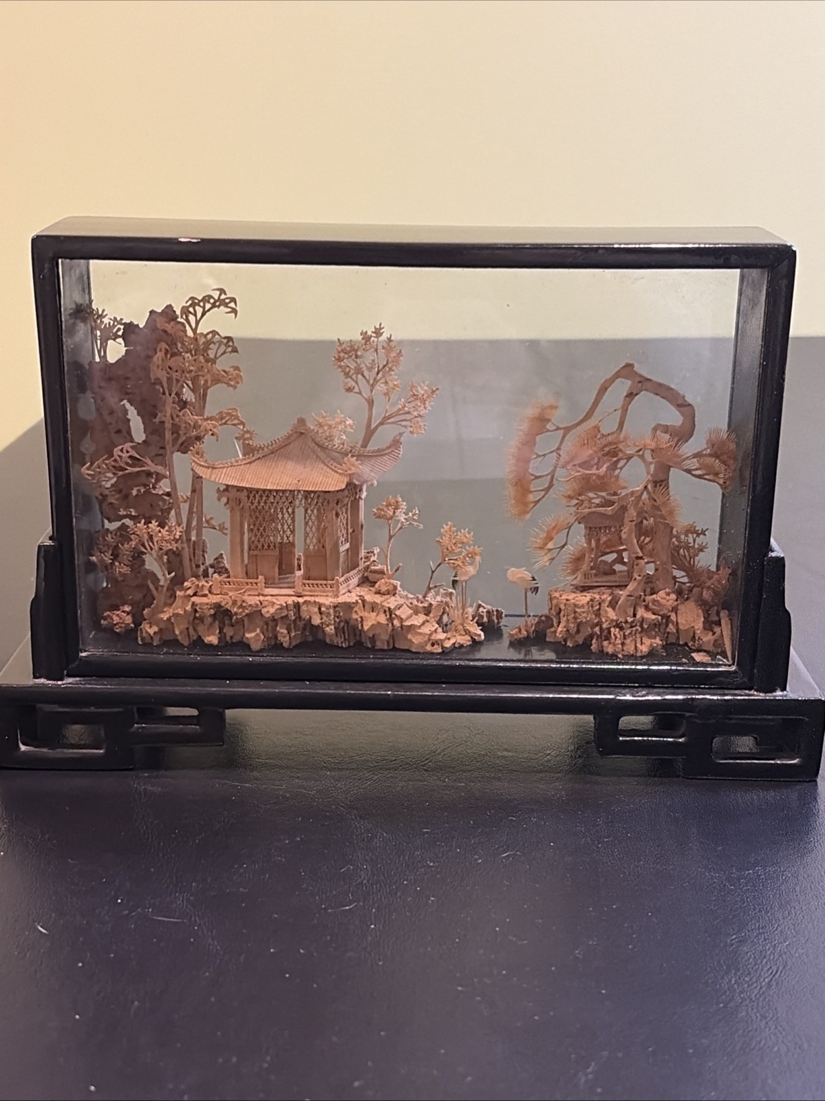 Vintage Chinese Hand Carved Cork Diorama with birds Framed Glass Wood