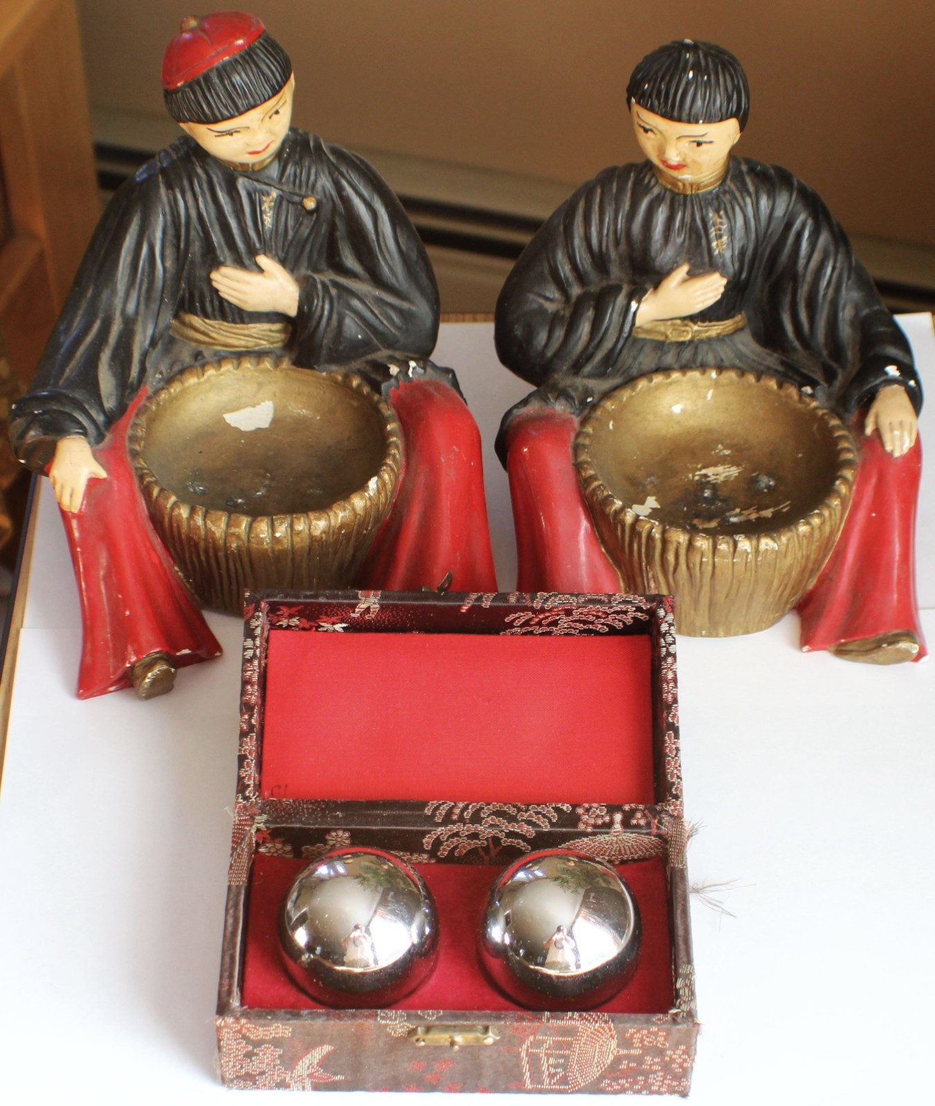 Pair of Vintage Asian Incense Burners Holders 7″ + Chinese Silver-colored Balls