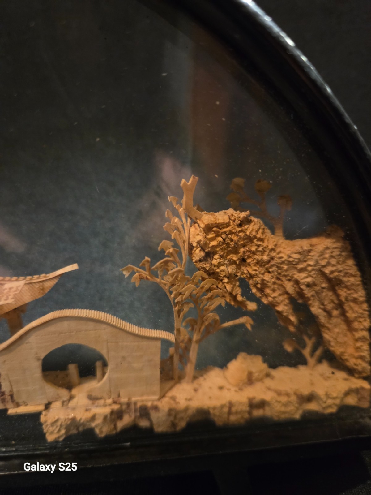 Vintage Chinese Cork Art Diorama Cranes Pagoda Trees Hand Carved in Glass Case