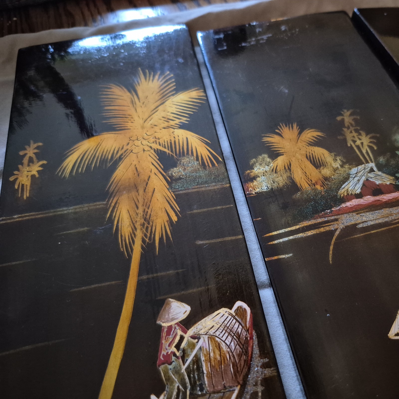 4 Vintage Asian Vietnamese Hand Painted Black Lacquer Wall Art Plaque Panels