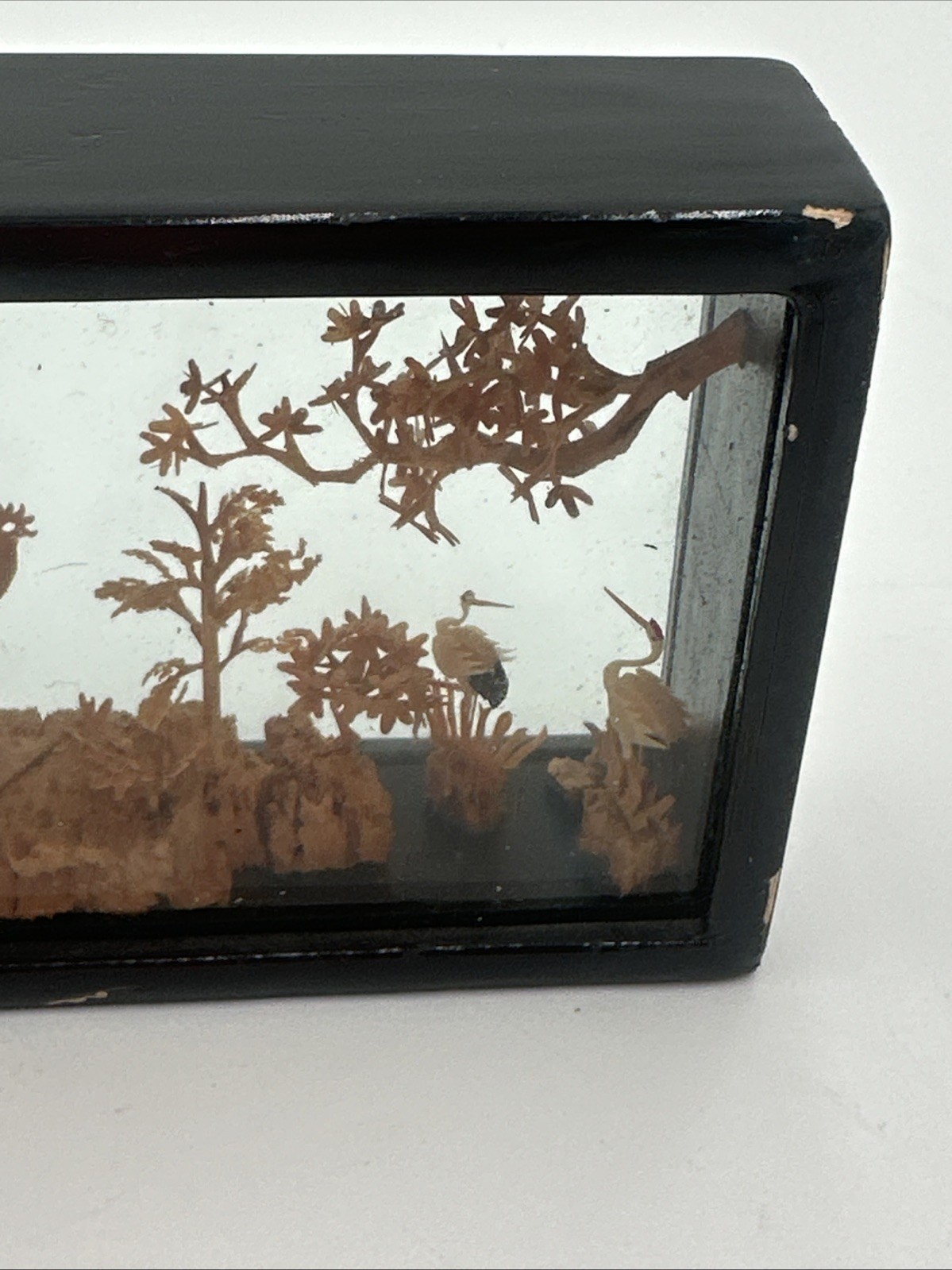 Vintage Chinese Cork Art Shadow Box Pagoda Cranes Scenic Diorama Framed C Detail