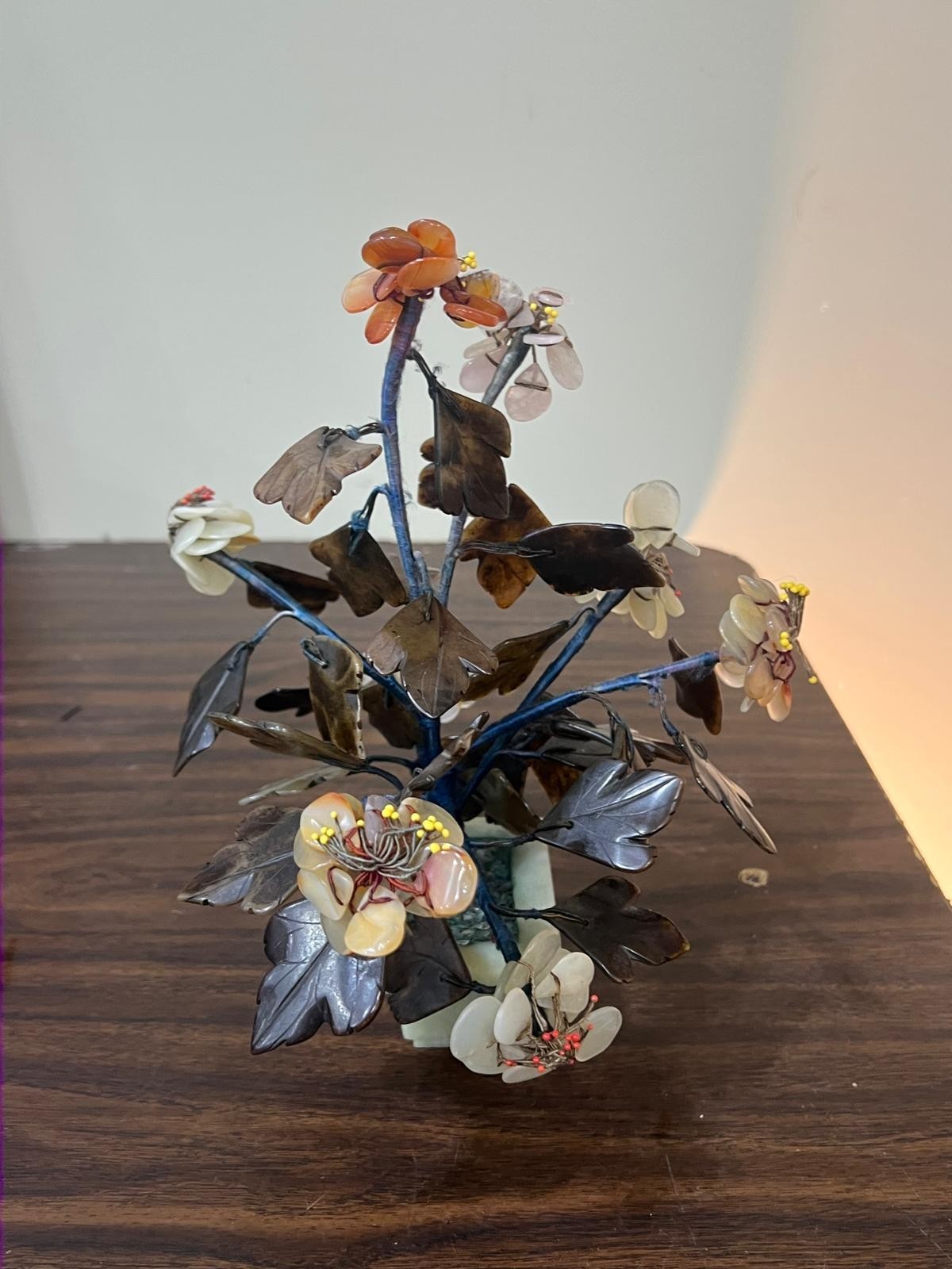 Vintage Chinese Jade and Quartz Hand Carved Flower Tree with Soapstones 10 1/2″