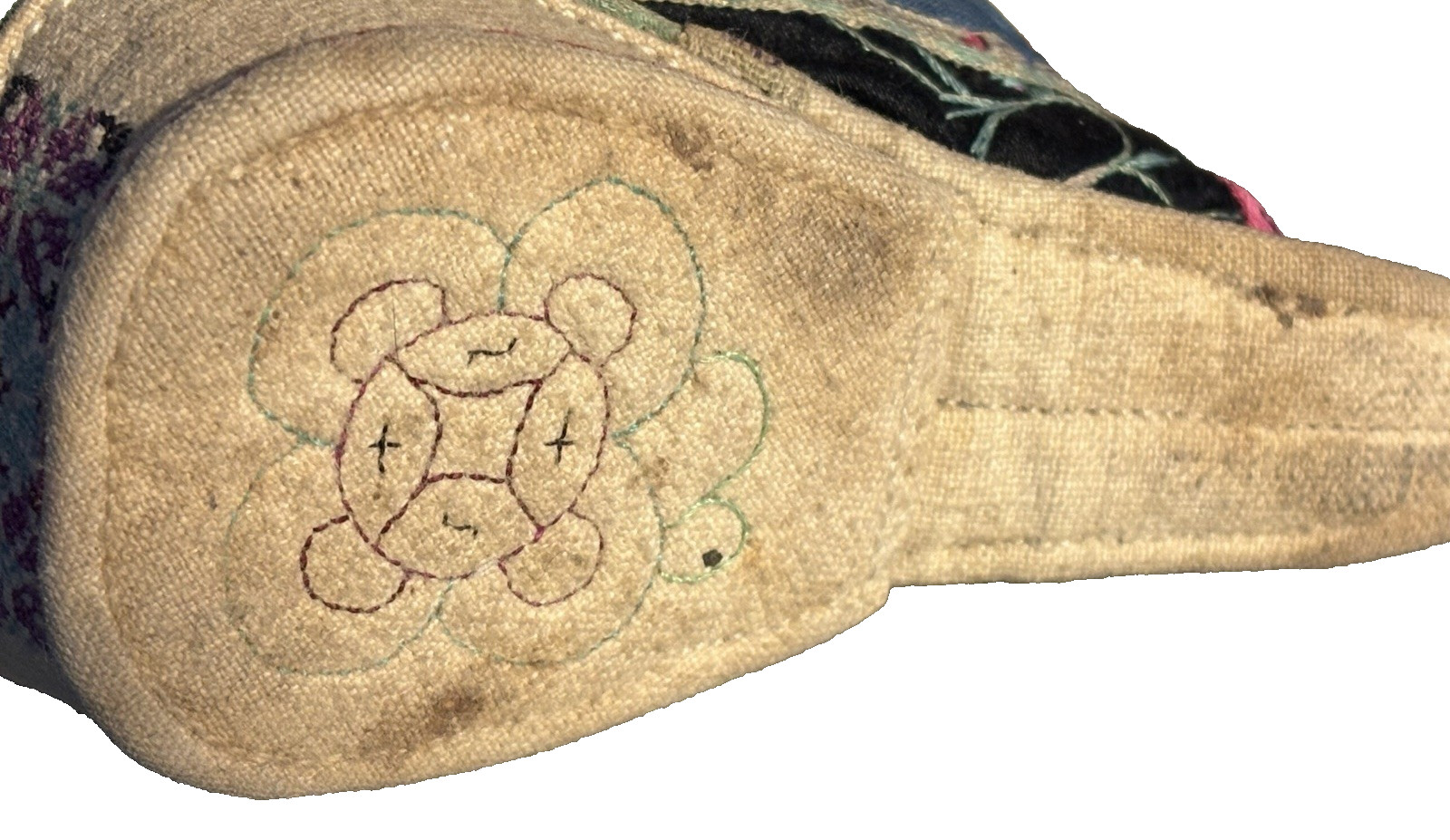 Antique Chinese 19th Cen Qing Dynasty Silk Embroidered Lotus Bound Foot Shoe 4″