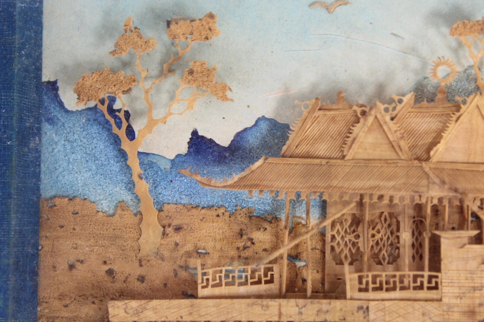 Antique Chinese Asian Miniature Wood Carving Village Scene Signed Stamp Framed