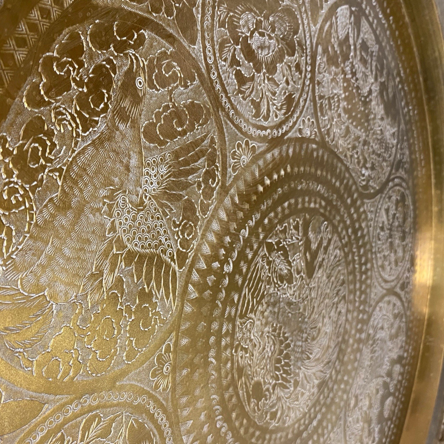 Mid Century Brass Chinese Phoenix Round Tray Engraved Wall Art Good Fortune 30in