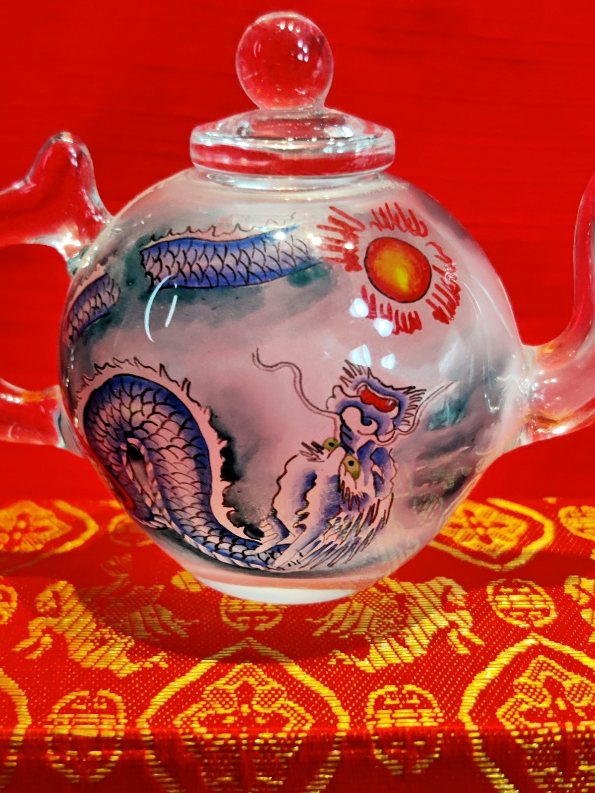 VTG Asian Glass Teapot Mini Reverse Painted Dragons Tea Pot Gift Box Small