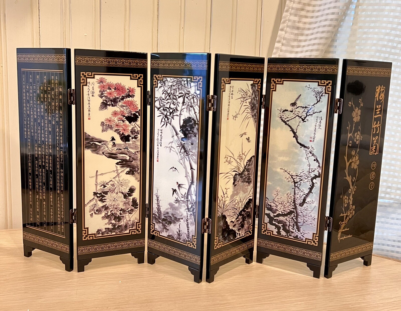MINI ASIAN ORIENTAL 6 PANEL 9.5”TABLETOP ROOM DIVIDER LACQUERED Gift Boxed