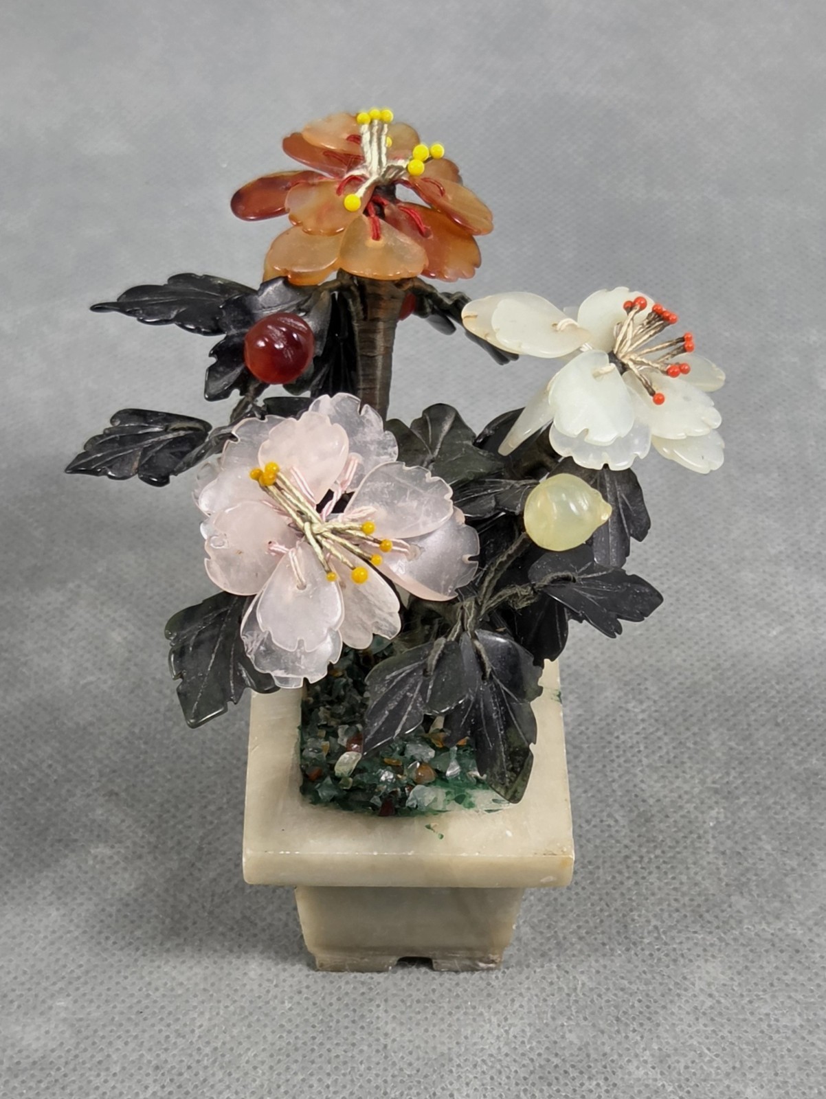 Vintage ASIAN Stone QUARTZ Glass FLOWER Carved POTTED Plant SMALL