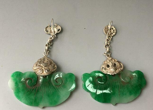 Chinese Antique Tibetan Silver Inlaid Jade Earrings Chinese Jade Earrings Jewels