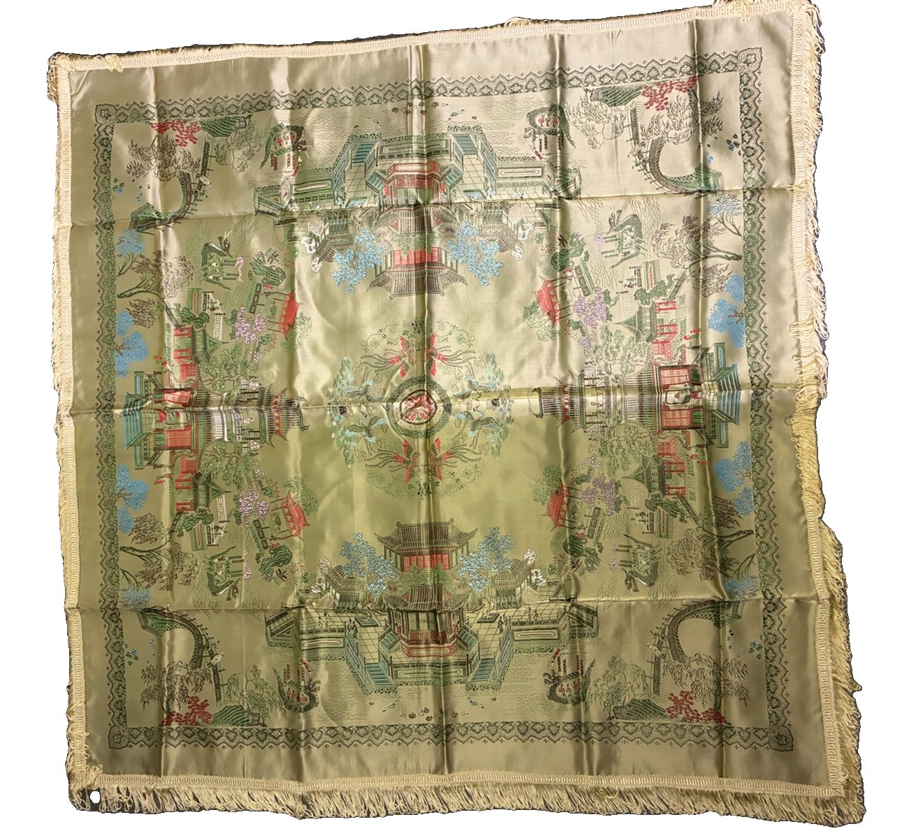 Vintage Chinese Brocaded Flowers Silk Piano Shawl Table Topper 38” Square
