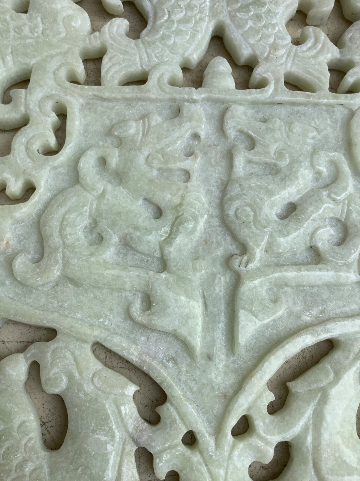 9.5″ Chinese OLD HAND CARVED JADE GREEN ONYX Plaque DRAGONS PHOENIX FISH