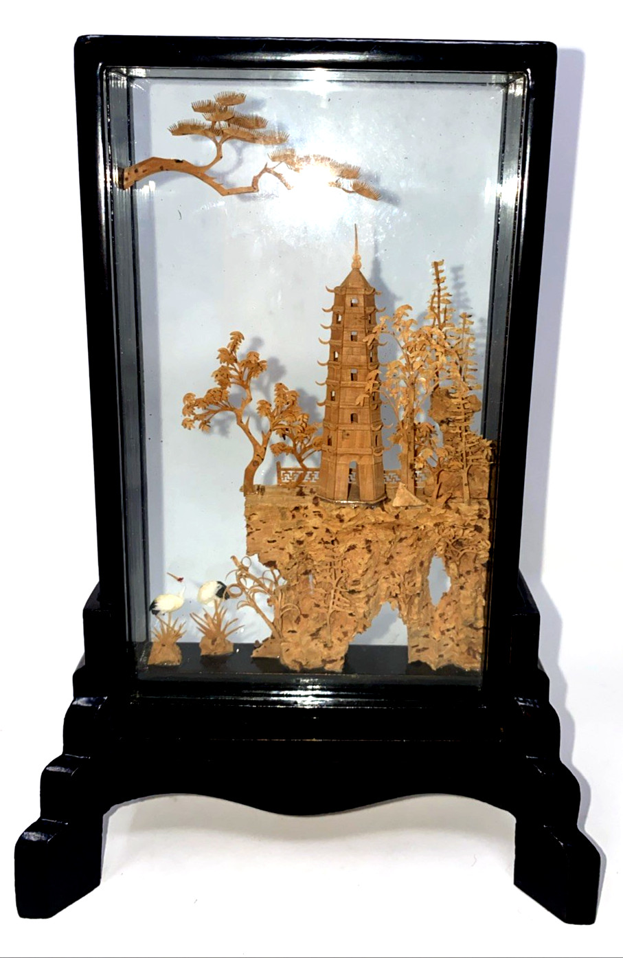 Vintage Chinese San You Cork Art Hand Carved Diorama Pagoda Cranes Trees