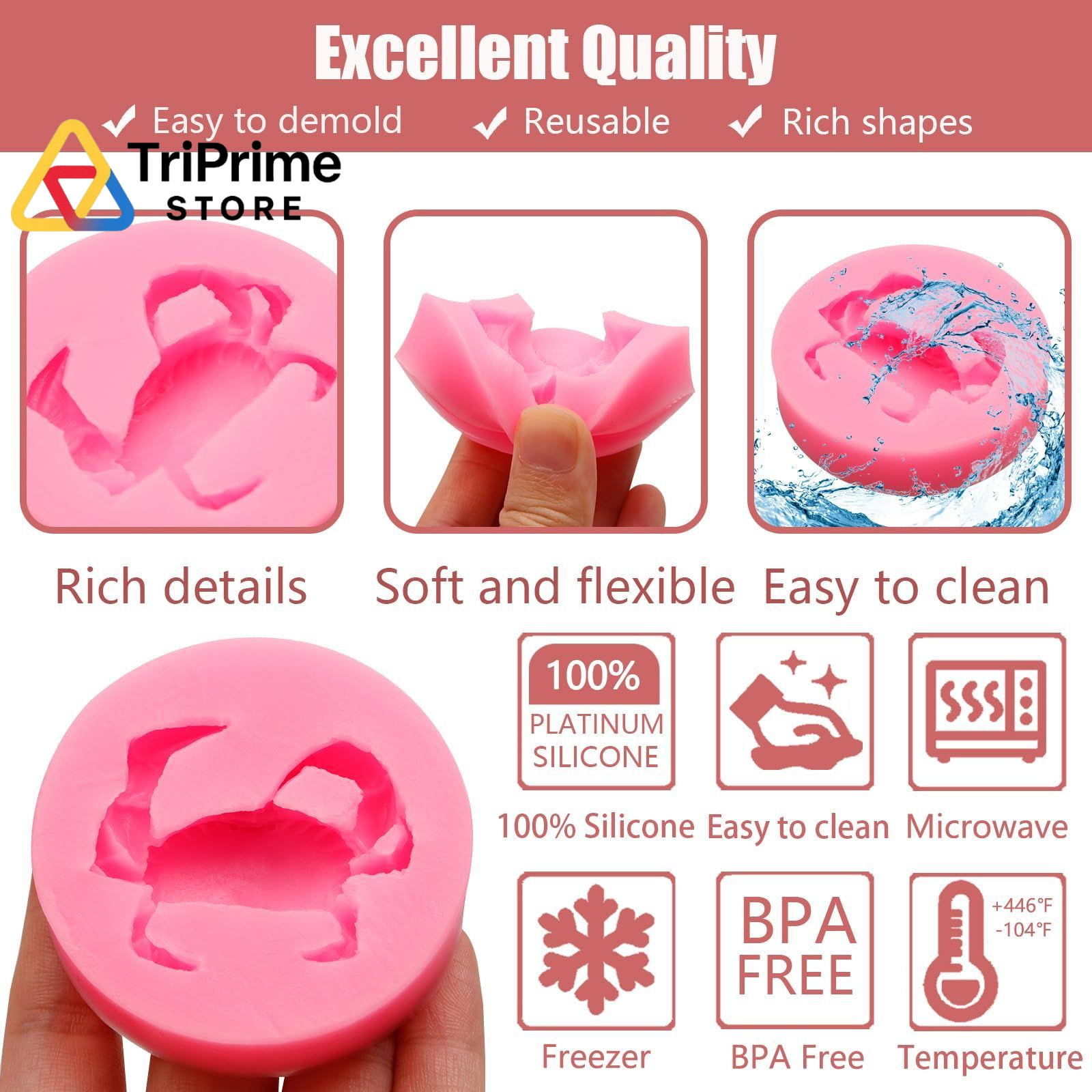 Crab Silicone Molds 4 Pcs, Ocean Animal Fondant Mold 2.75*1.96*0.55in, Pink