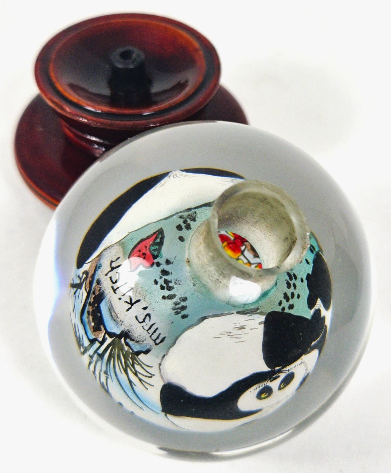 Chinese Reverse Painted Snuff Bottle Globe on Teak Pedestal Hand Painted Pandas