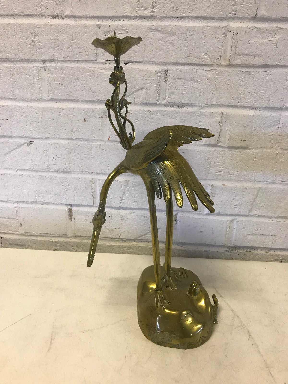 Vintage Possibly Antique Chinese Brass Candle Holder w/ Crane Flower & Turtle