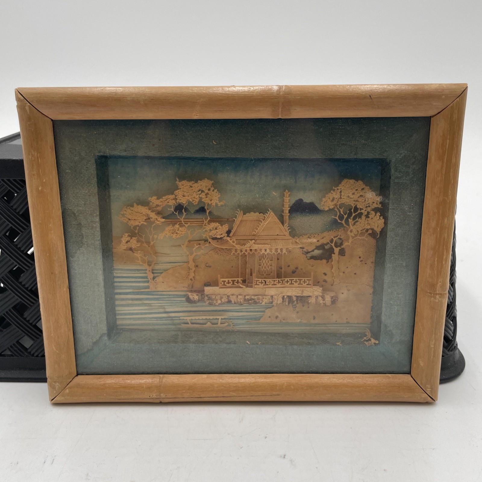 Vintage Chinese Cork Carving Landscape Diorama Shadow Box Bamboo Frame AS IS