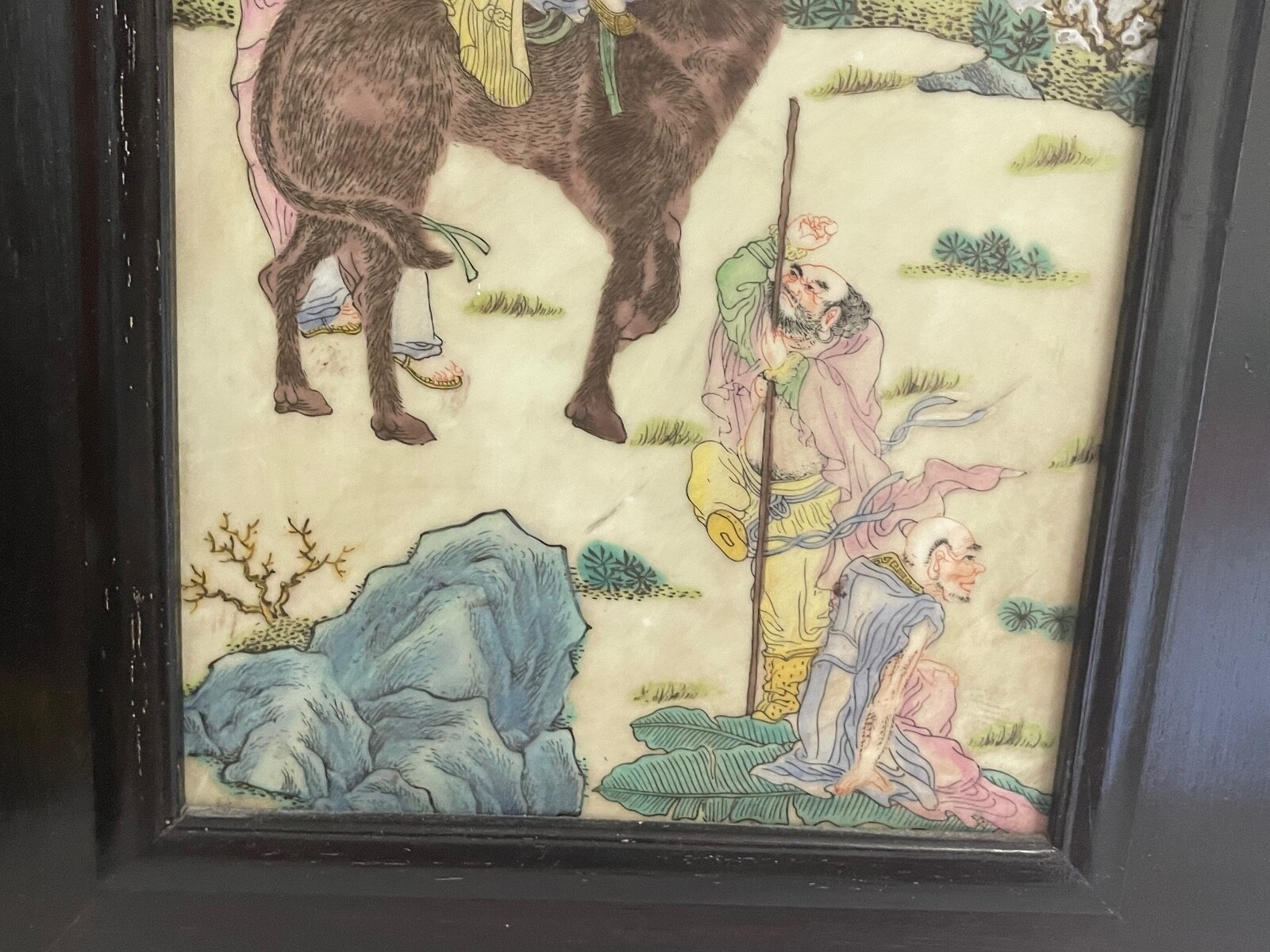 Vintage Chinese Framed Ceramic Plaque w/ Painted Man Figures & Dragon