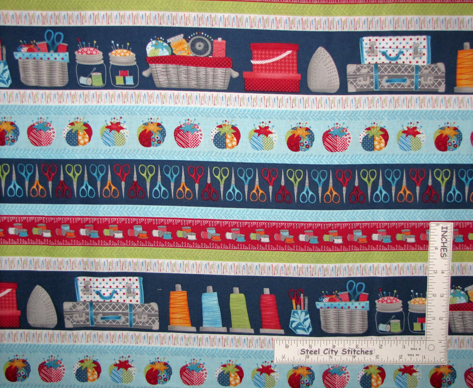 Scissor Thread Pin Box Stripe Cotton Fabric Studio E Crafty Studio By The Yard