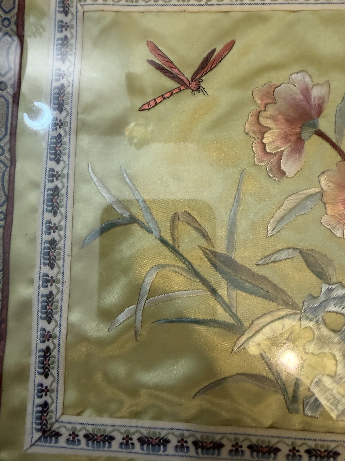 Vintage Bamboo Style Framed Chinese Silk Embroidered Panel Floral Art 12″