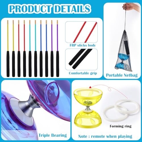 5 Set Chinese Diabolo Triple Bearing Yoyo 5” Multi-Color with Sticks & Bags