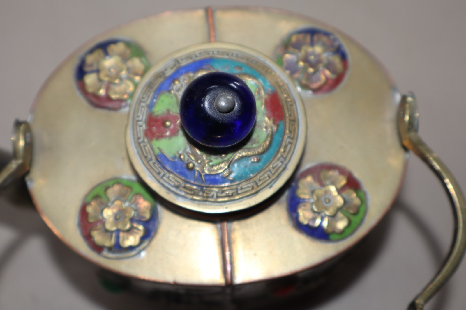 Brass Copper Ornate Tea Pot w/ Blue Glass Knob & Colored Stones – Marked China