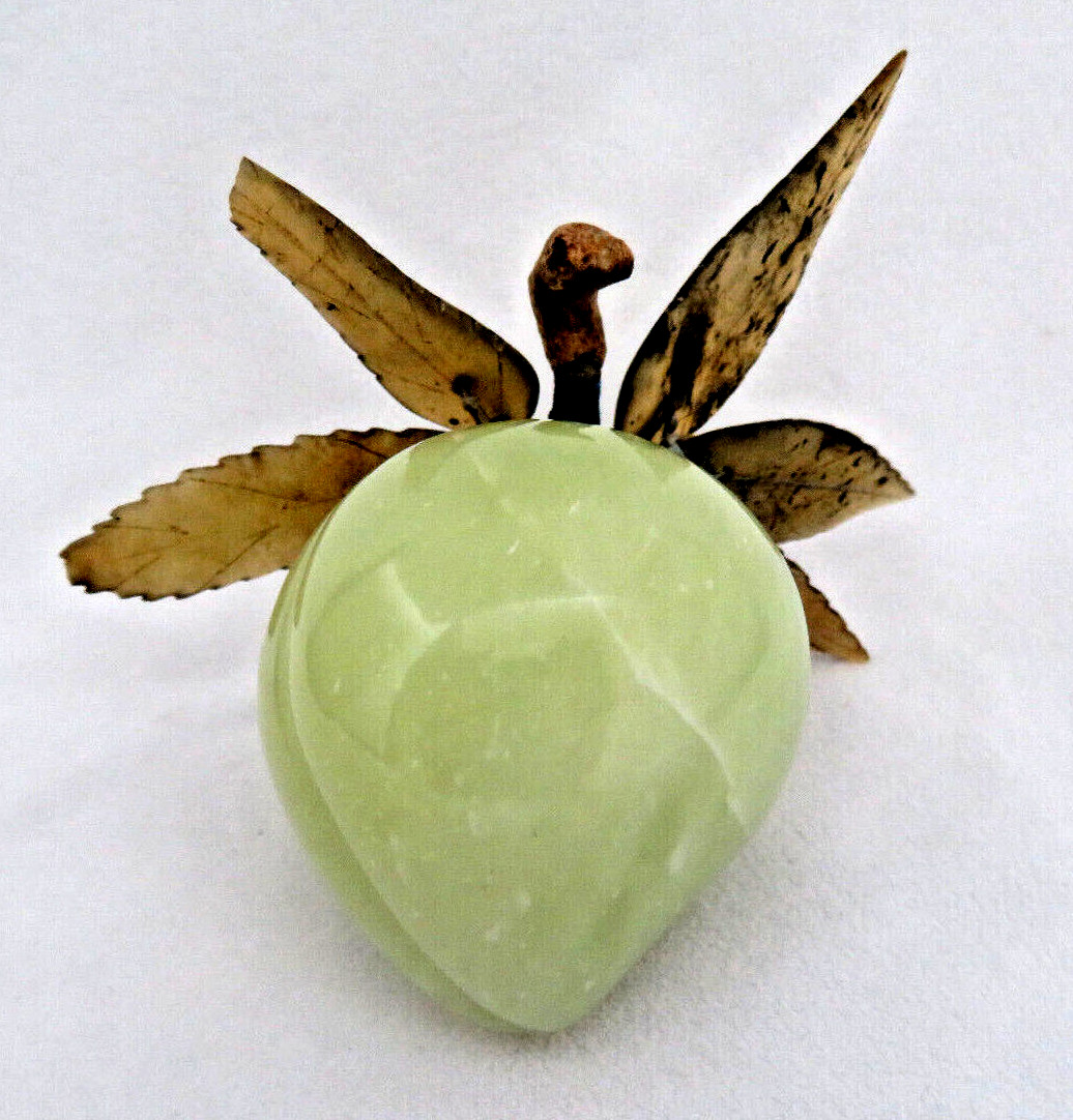 Vintage Chinese Green Jade Gemstone Plum Fruit & Leaves Sculpture