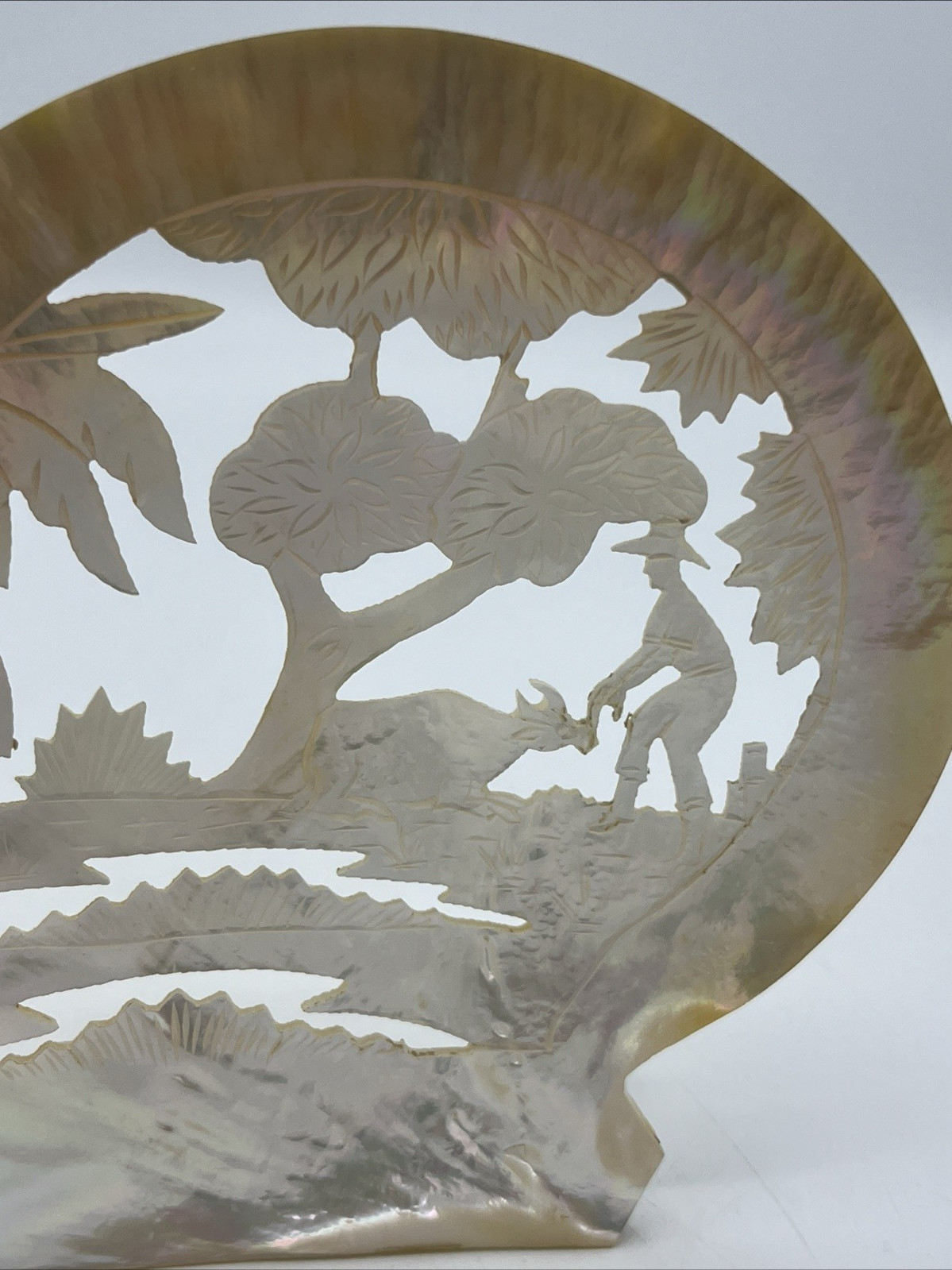 Carved Mother of Pearl Shell Asian Scene with Stand 6″ Tall
