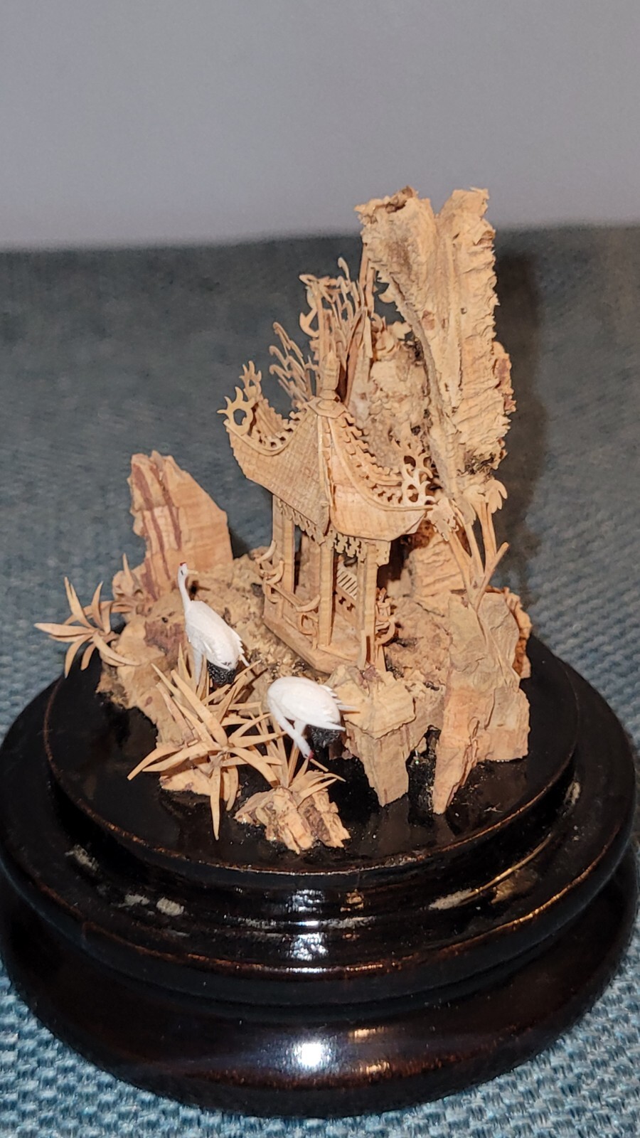 Vintage 5″ Chinese Diorama Pagoda Cork Carving Trees & Cranes Scenic Sculpture