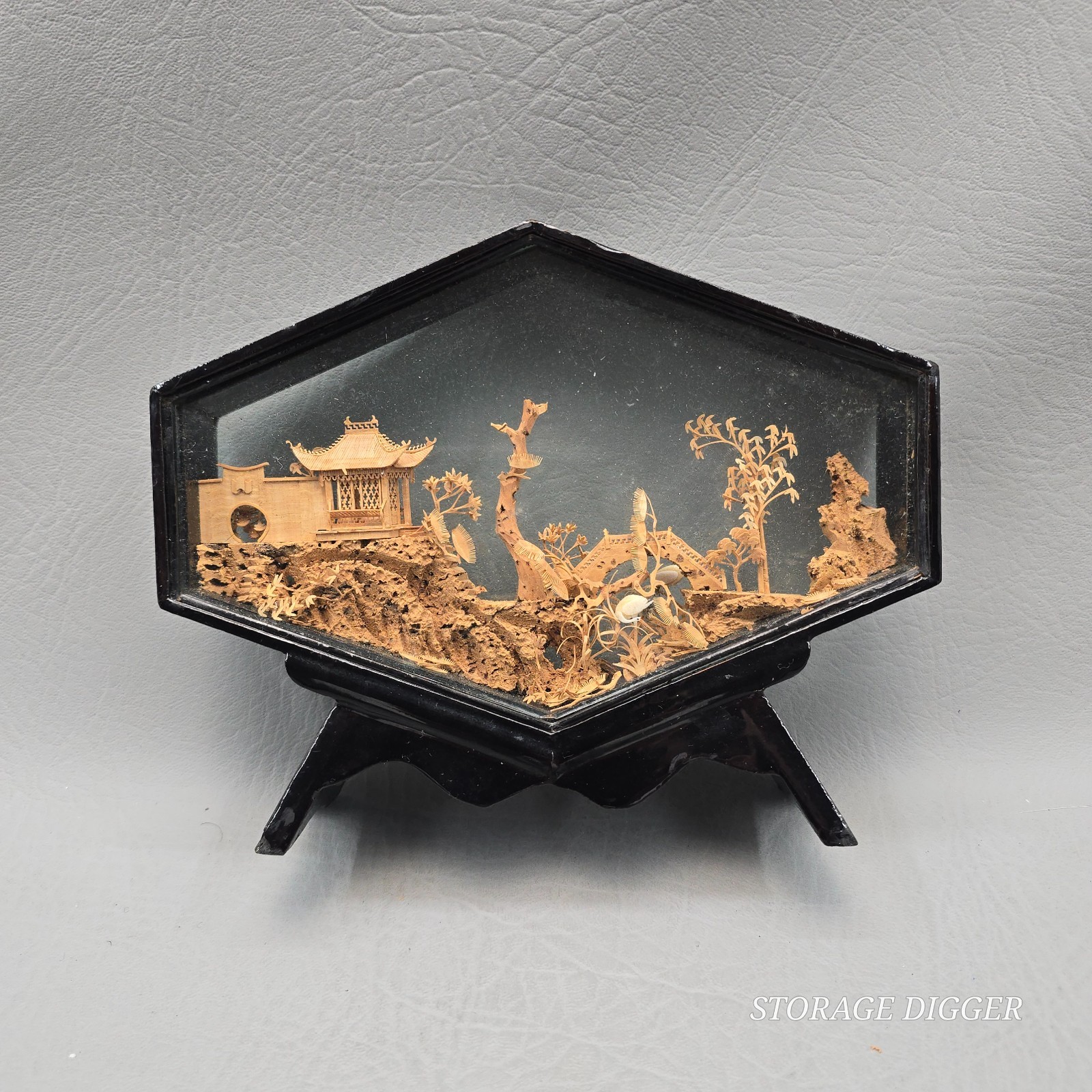 VTG Chinese Hand Carved Cork & Wood Diorama In Hexagon Glass & Wood Display