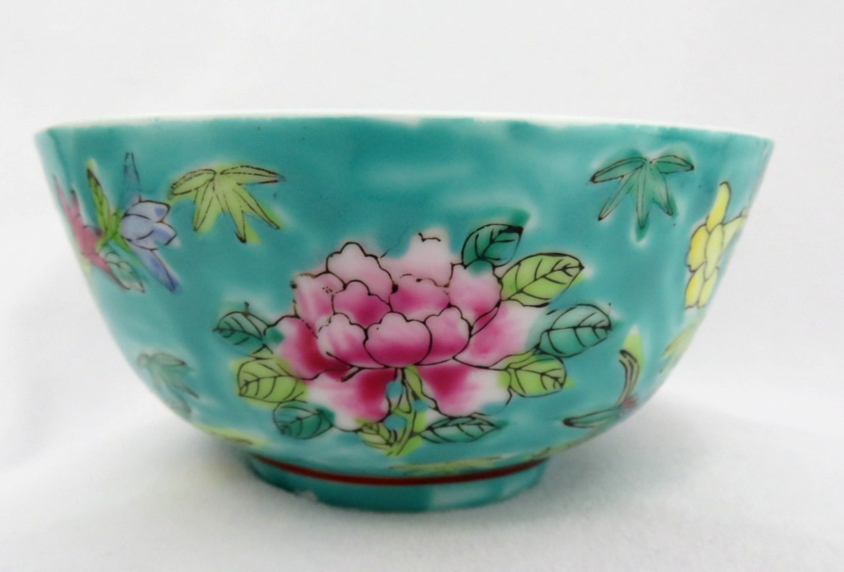 Vintage Chinese Fine Porcelain Turquoise Blue Famille Rose Rice Soup Bowl #2