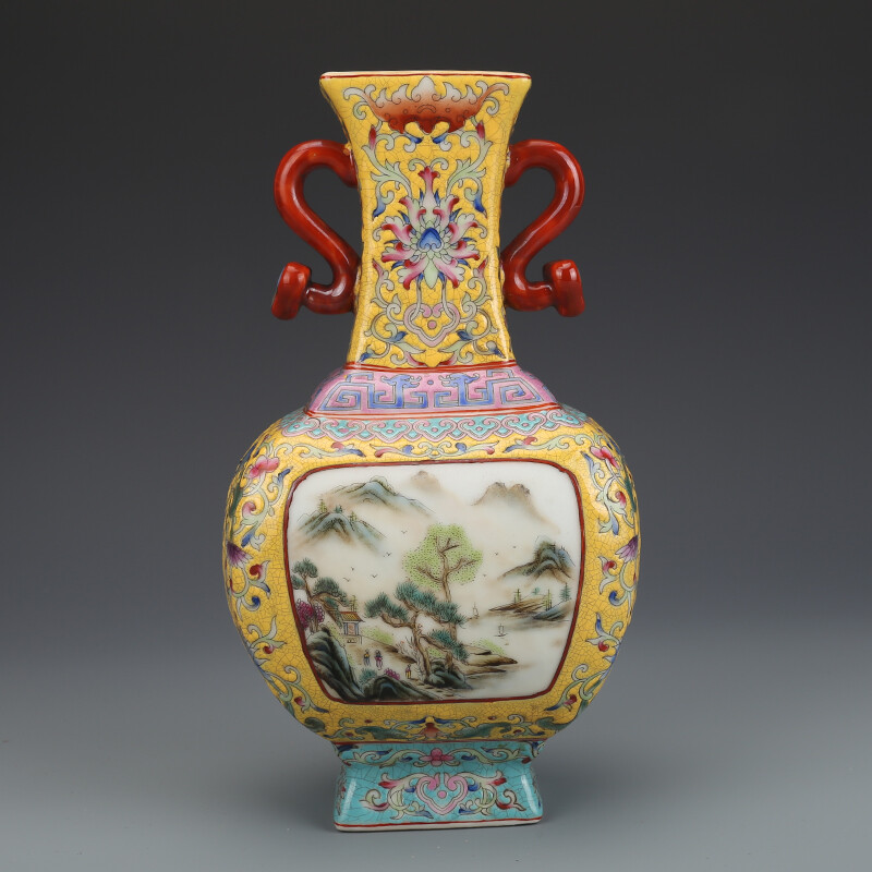 8.8″ China Colour Enamels Porcelain Yellow Glaze Hill Water Scenery Two Ear Vase