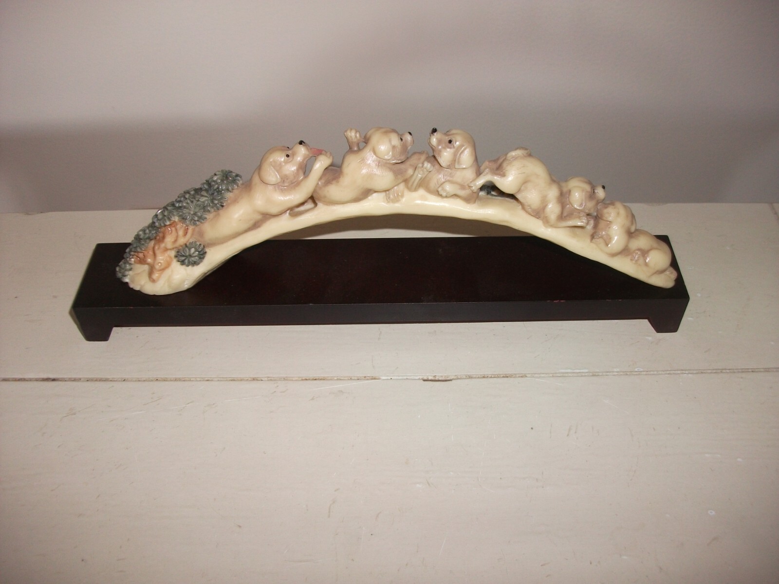 DOGS on Bridge / Arch on Wood Stand Base – Asian ? – Resin? Carved ? 10″ Long