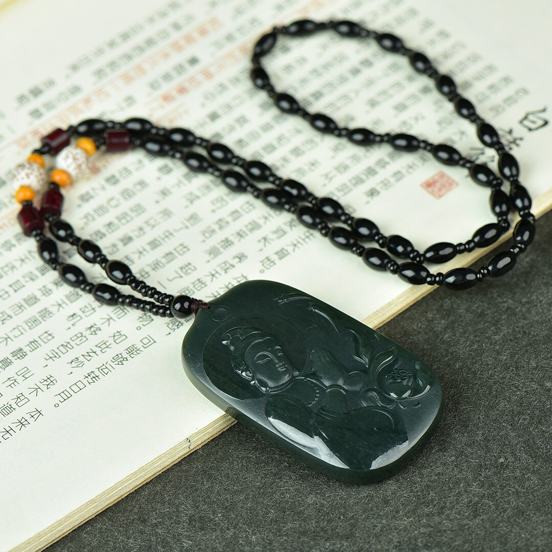 Chinese Hetian Gray Jade Hand Carving Buddhism Lotus Flower Kwan-yin Pendant
