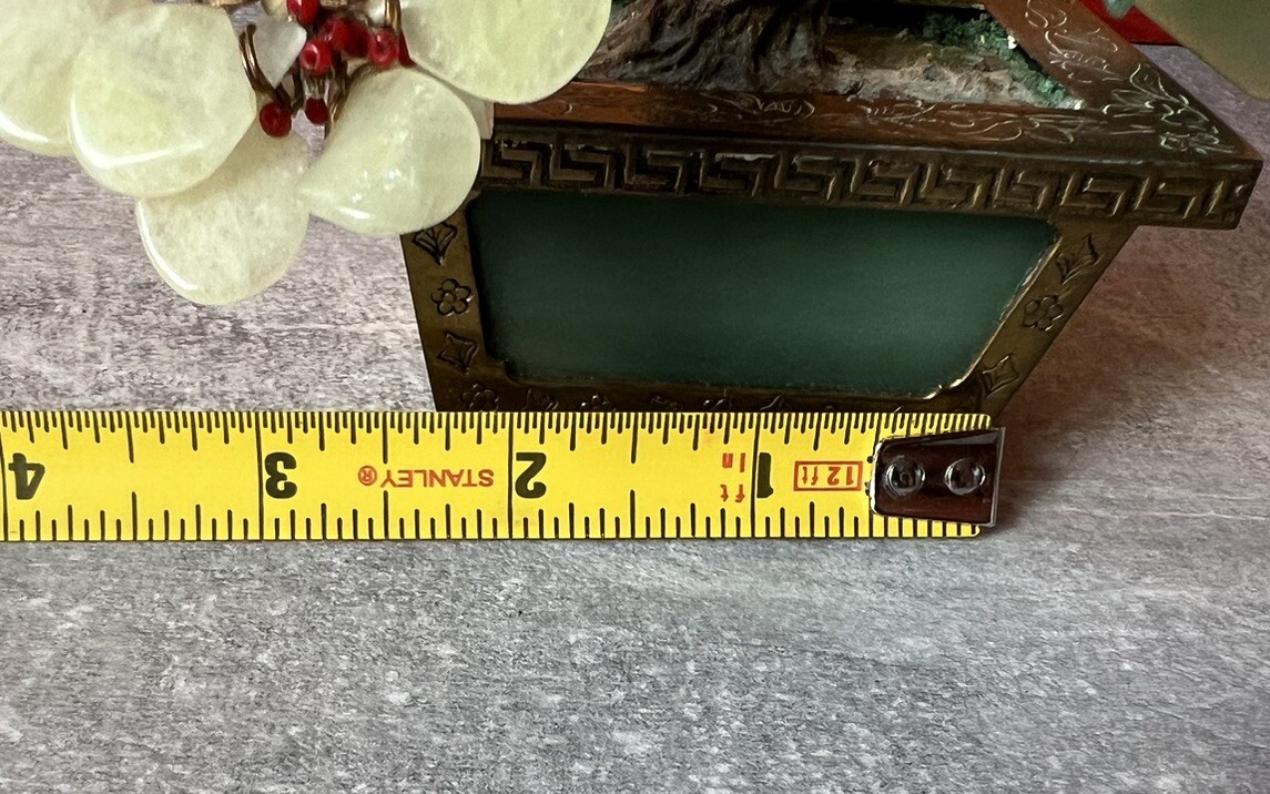 Vintage Chinese Jade Amethyst Carnelian Quartz Flowers Tree Brass Pot Marked