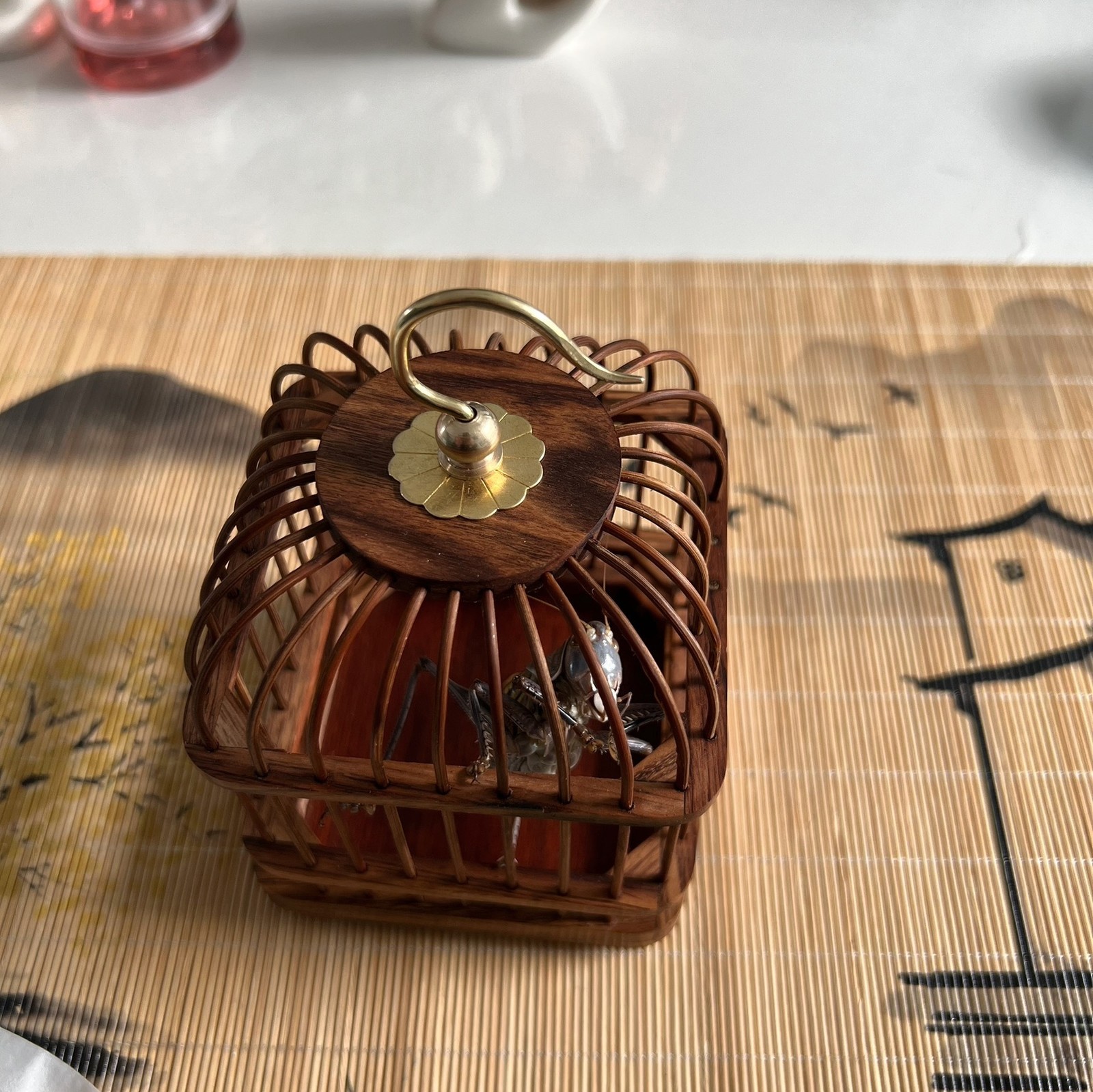 Handmade Solid Wood Cricket Cage Ebony Red Sandalwood Brass Hook 12×8.8cm