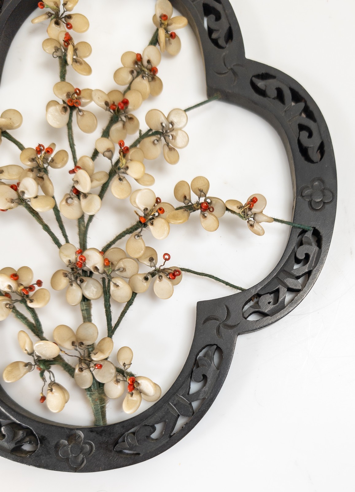 Vintage Chinese Faux Jade Peking Glass Prunus Flower Wall Hanging
