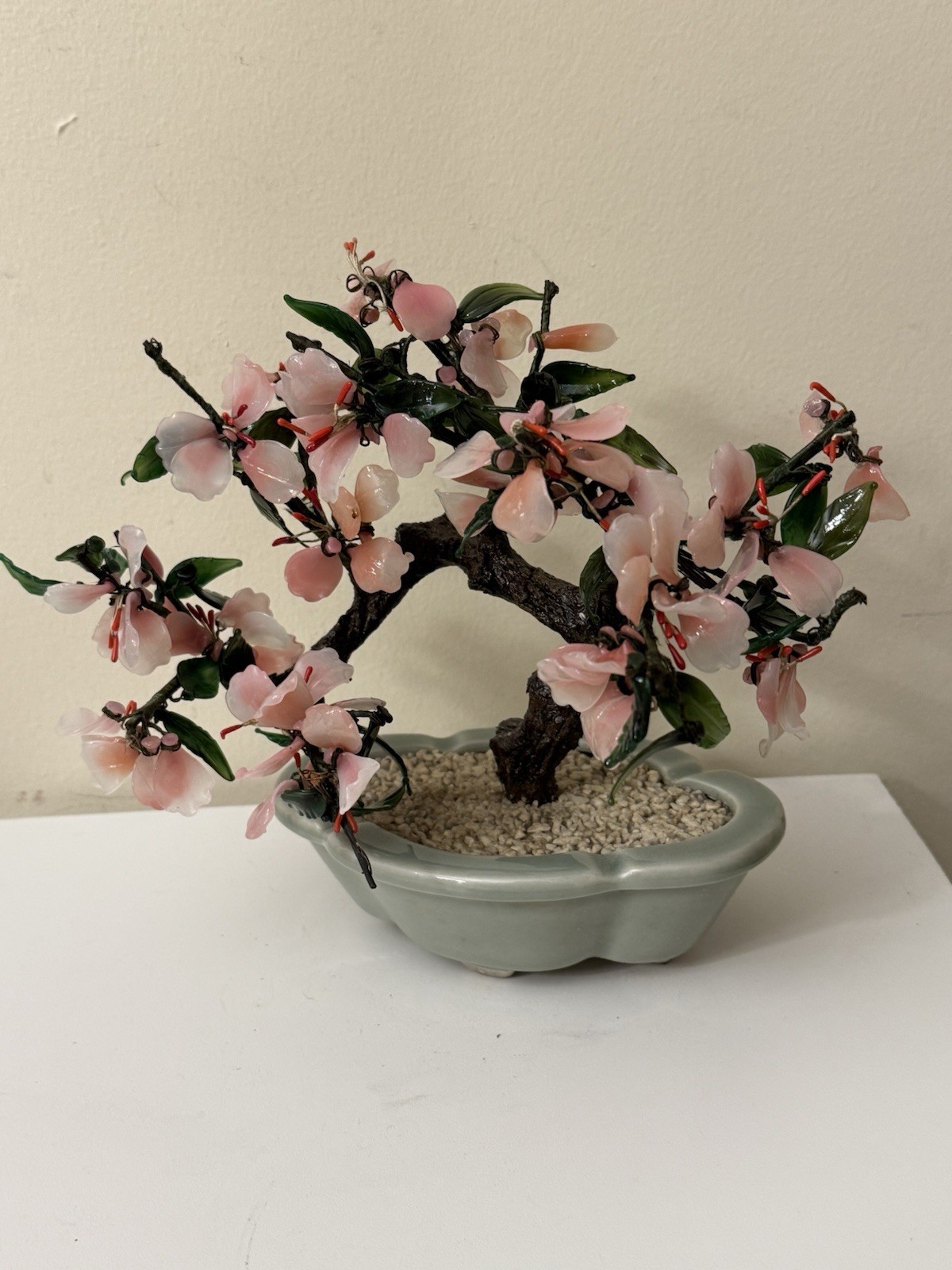 Vtg Asian Jade Glass Flowering Pink Cherry Blossom Bonsai Tree Ceramic Pot 8×9”