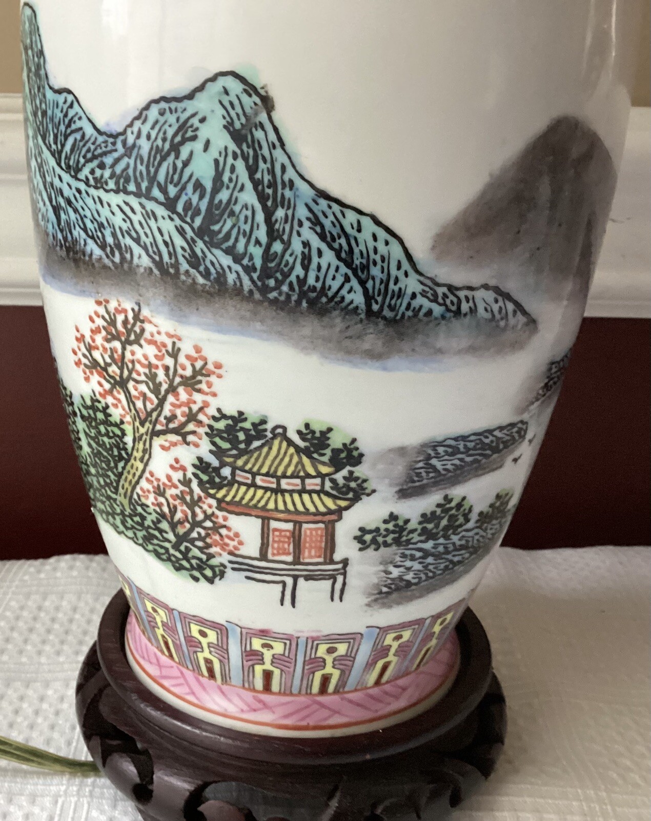 Vintage Chinese Famille Rose Porcelain Landscape Vase Lamp Inscribed 17.25″