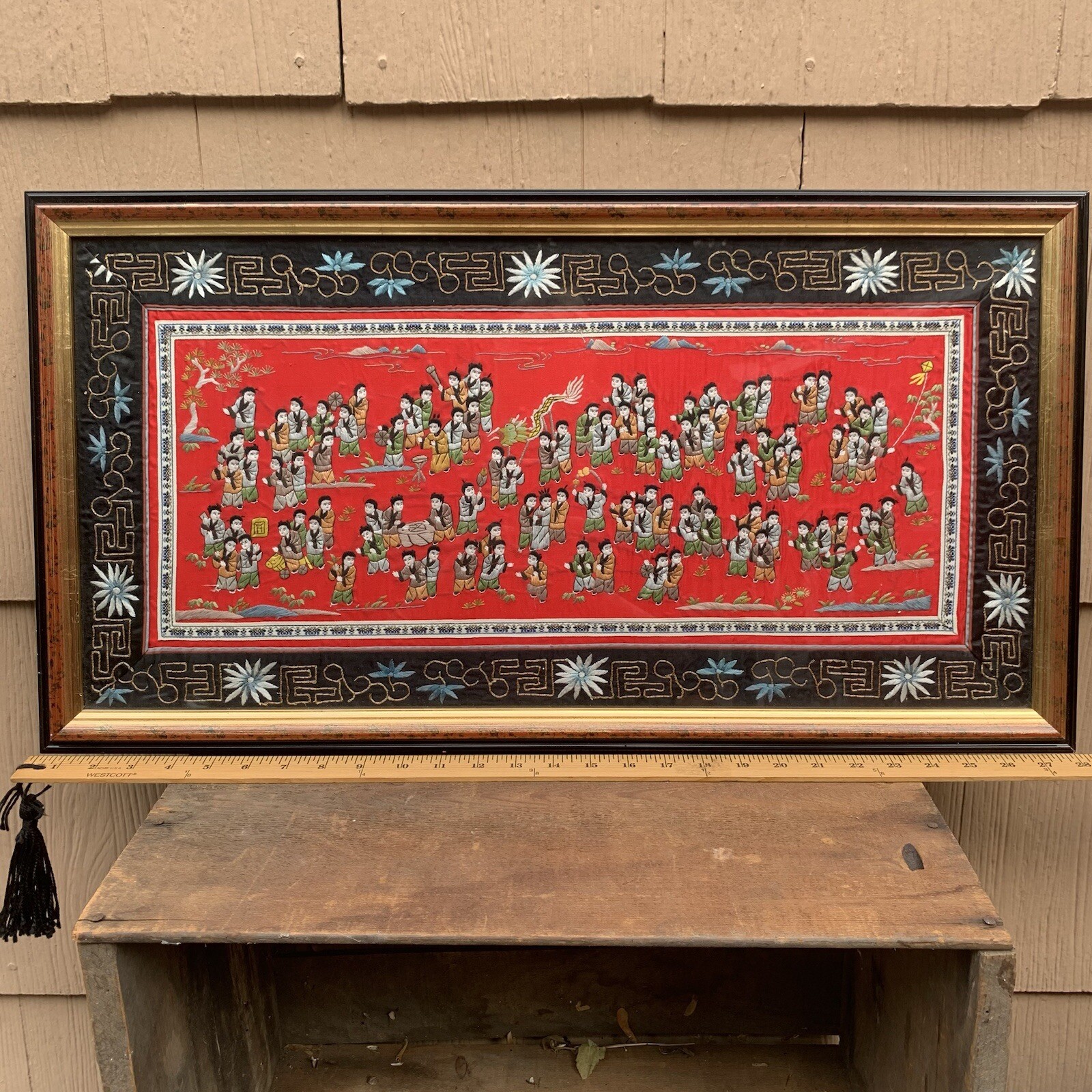 Chinese Silk Tapestry 100 Children At Play Embroidery Framed Art 14.5” x 27”