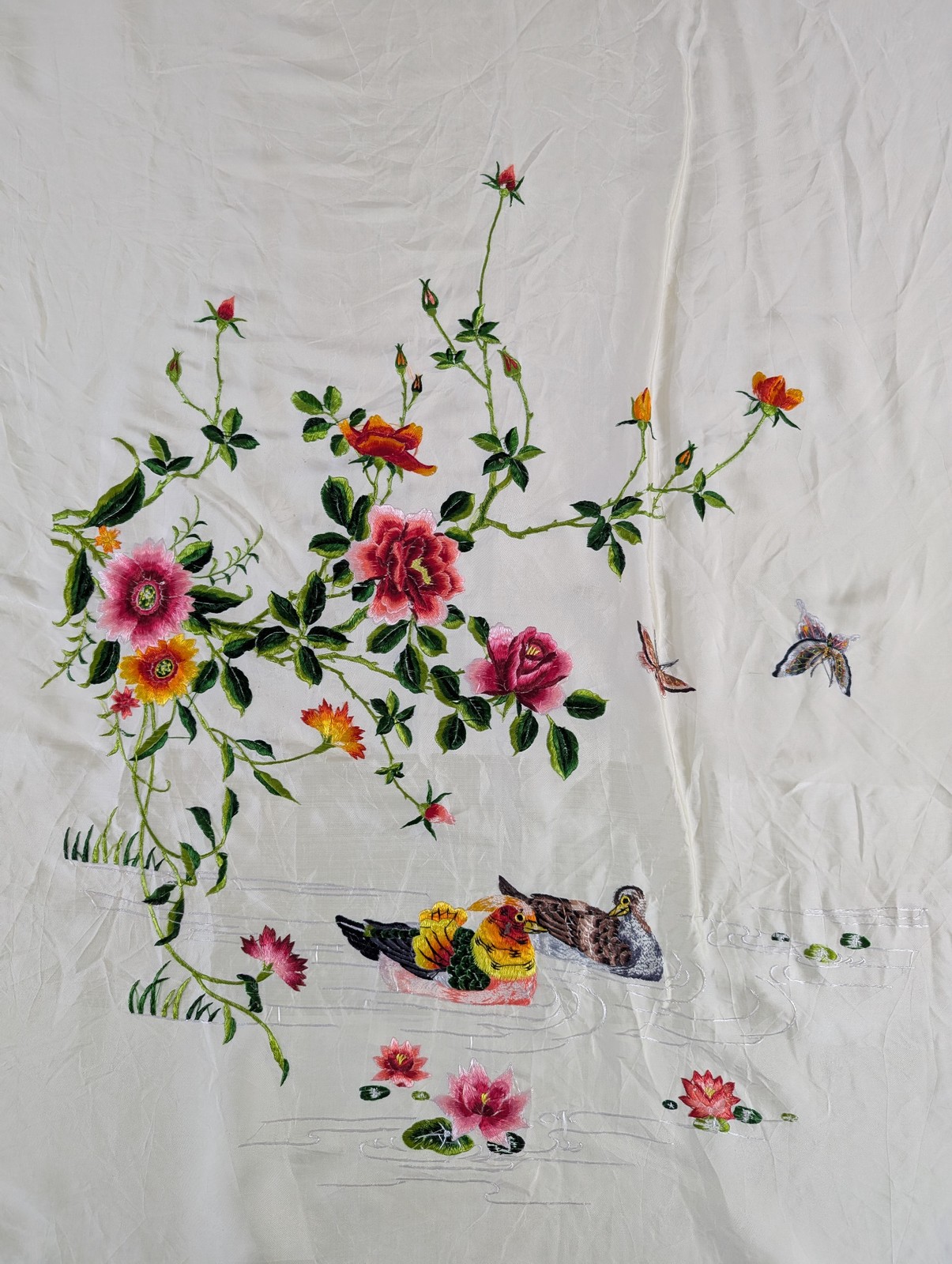 Vintage Chinese Embroidered Floral & Mandarin Ducks Silk Textile 74x56in