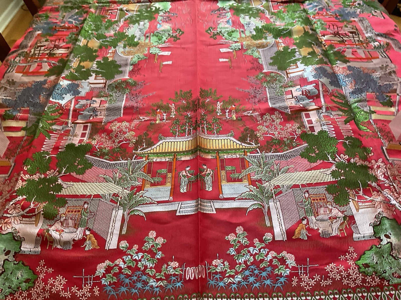 Vintage Brocaded Flowers brand Chinese Red Silk Tapestry Tablecloth 80″x54″