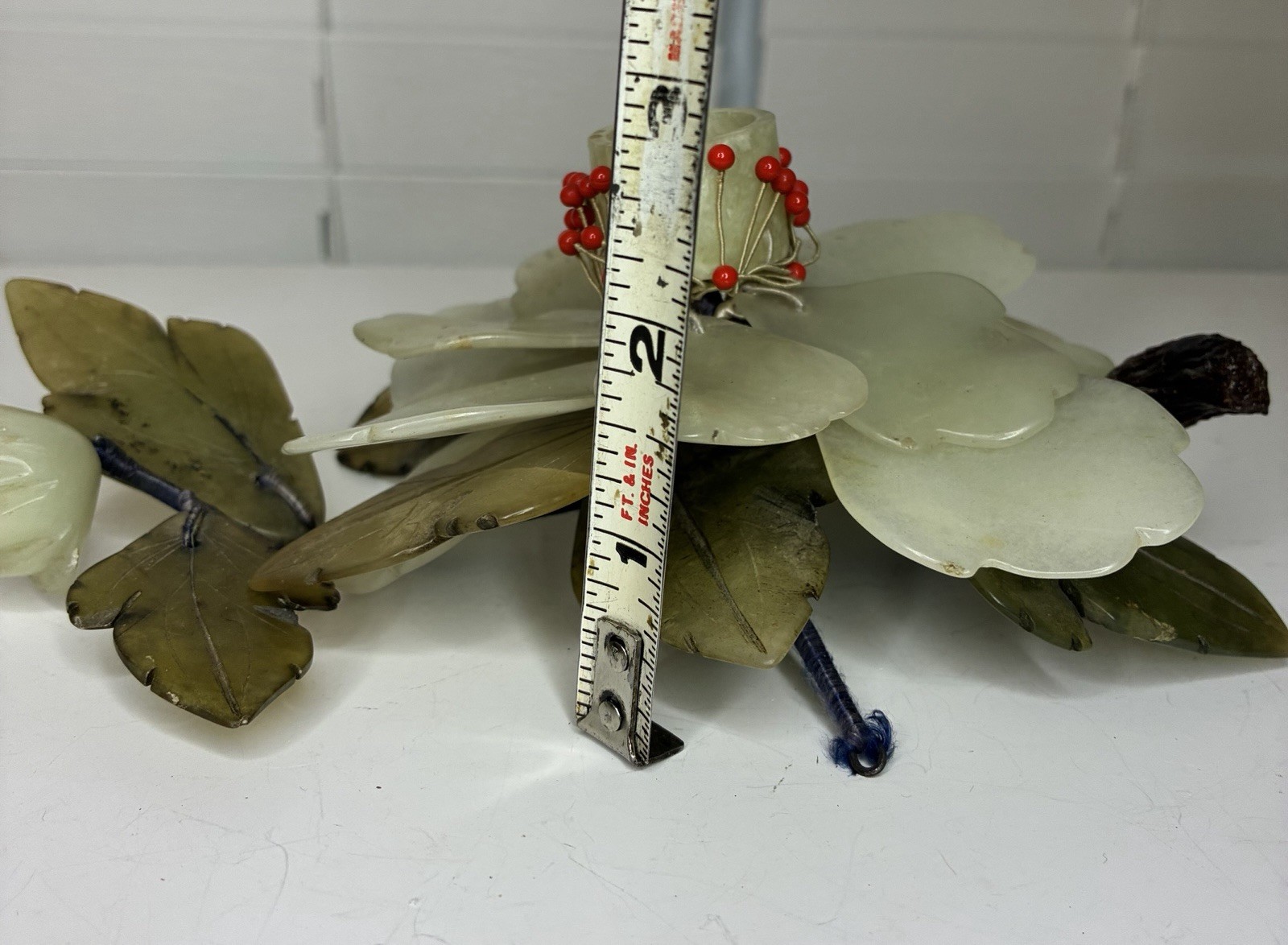 Vintage Chinese Hand Carved Jade Lotus Flower Candle Holder Centerpiece Set of 2