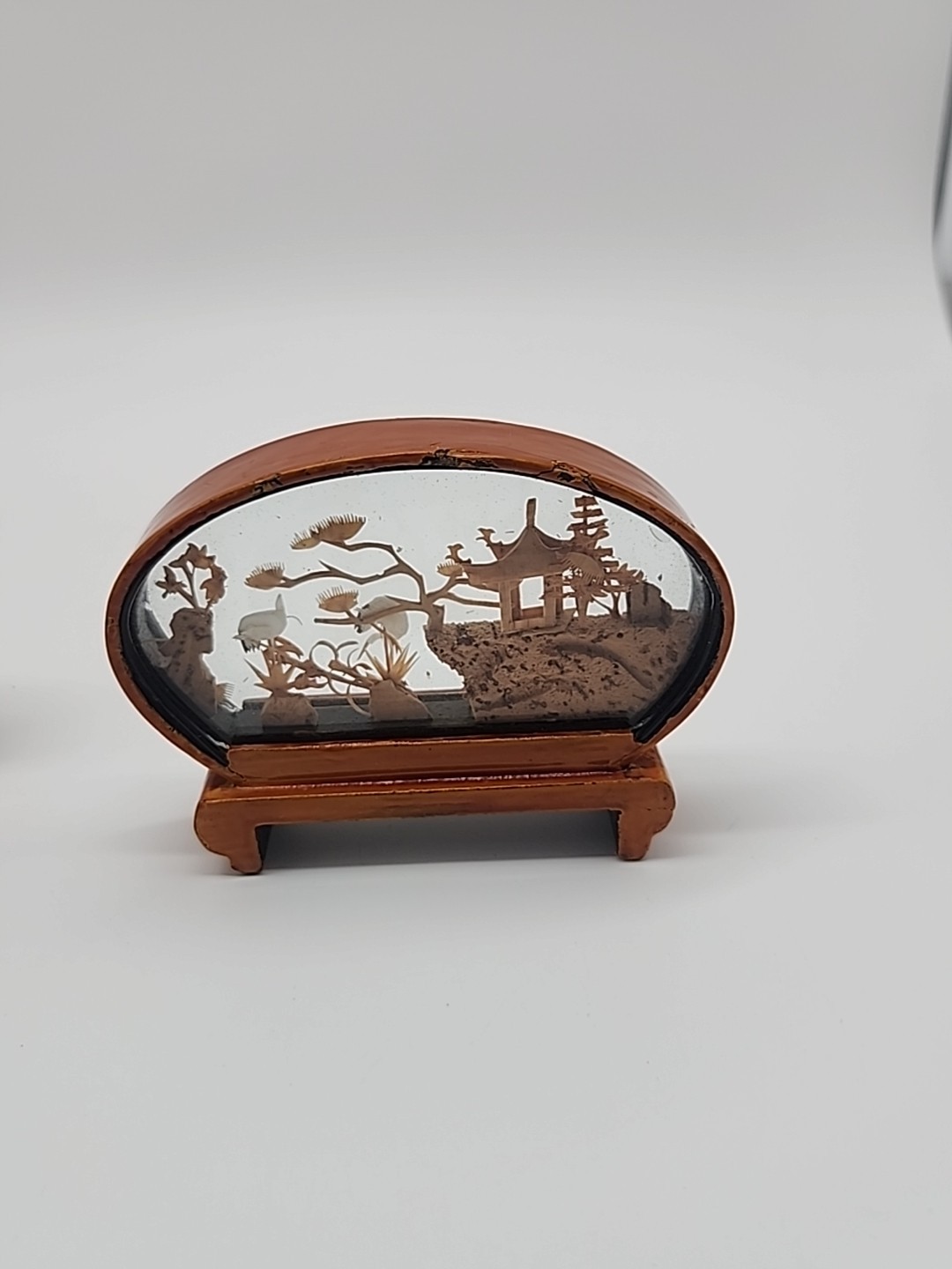 3 VTG Chinese Oriental Asian CORK Carving DIORAMA Art 3D Cranes Shadow Box Panda