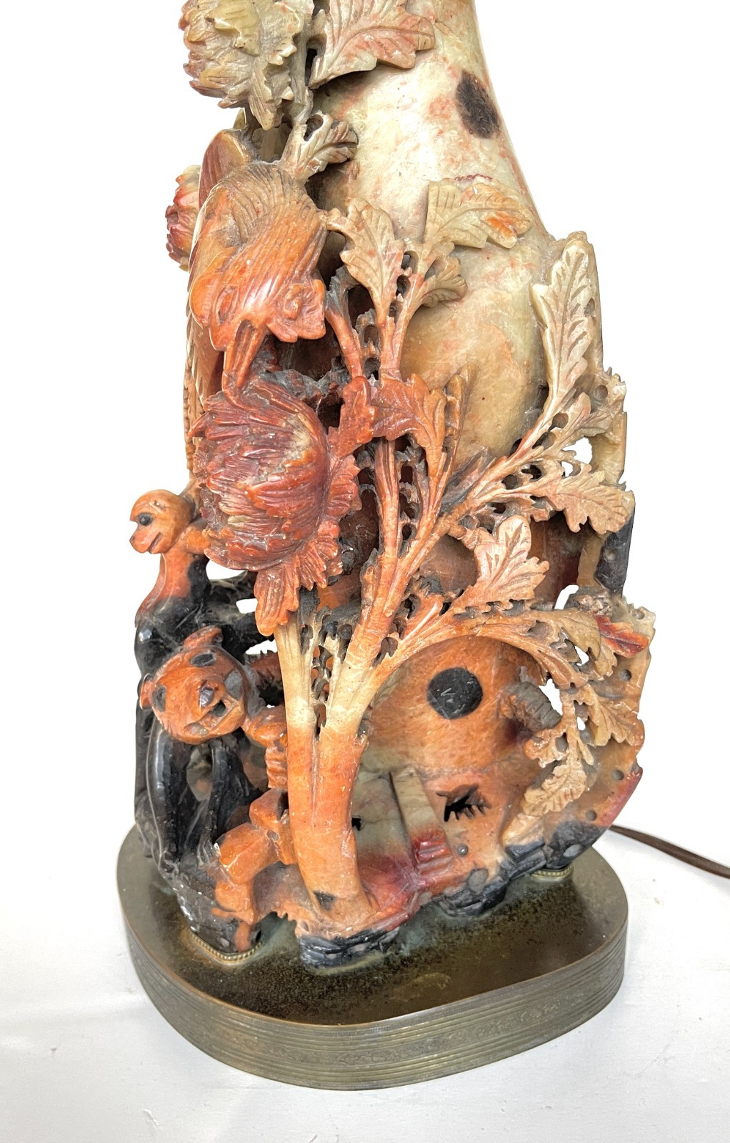 Chinese Soapstone Lamp Carved Bird Paradise Monkey Flowers Antique