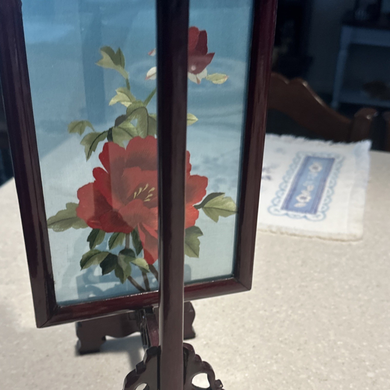 Antique Chinese Handmade Embroidered Silk Table Screen with Floral Design