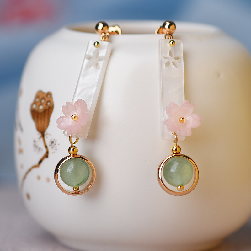 Chinese Dongling Jade/Coloured Glaze Flower Tibetan Style Vogue Earbob Earrings