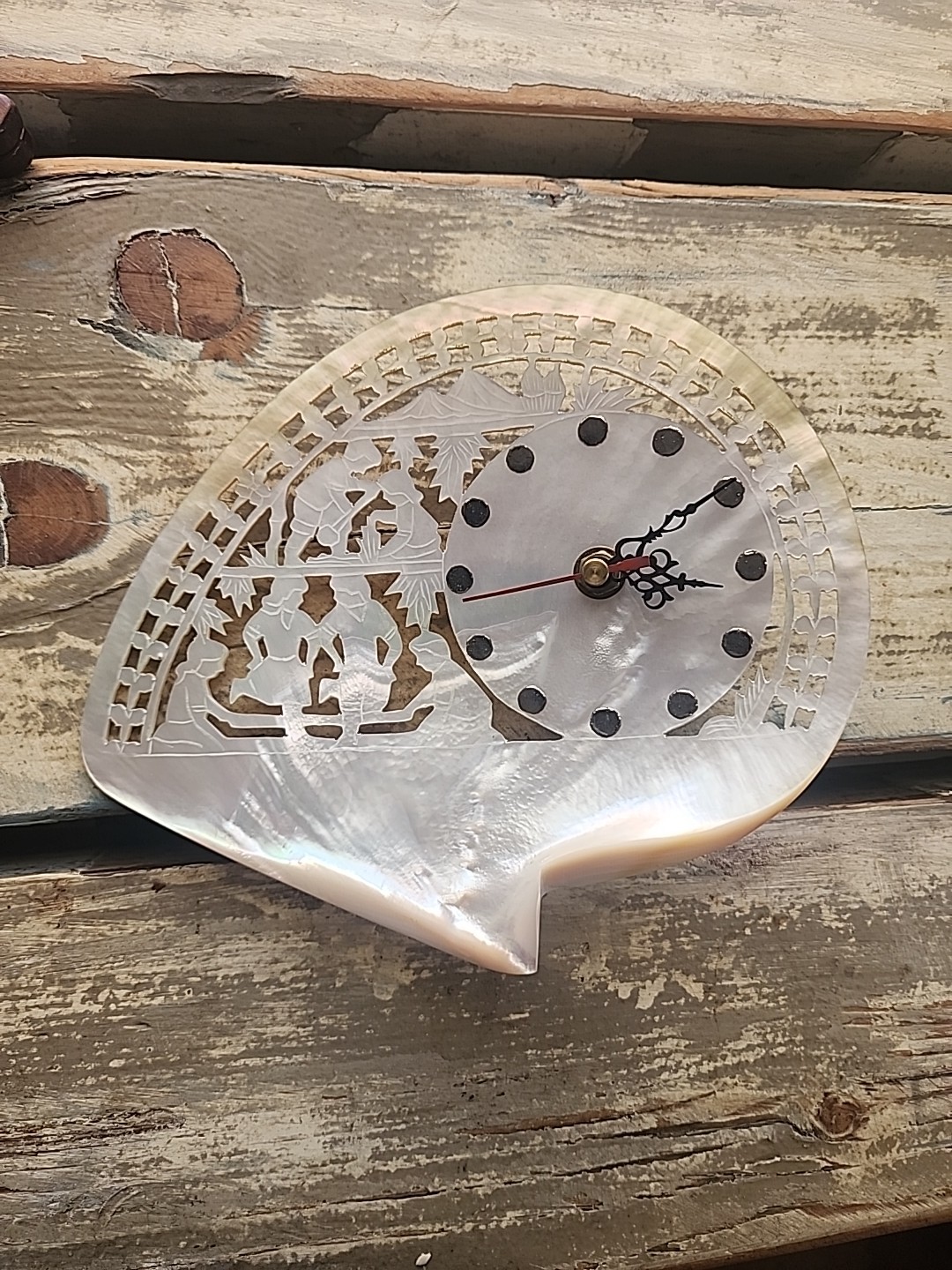 Carved Mother of Pearl Shell Clock, Philippines Scene 7″ Tall, Stand Included