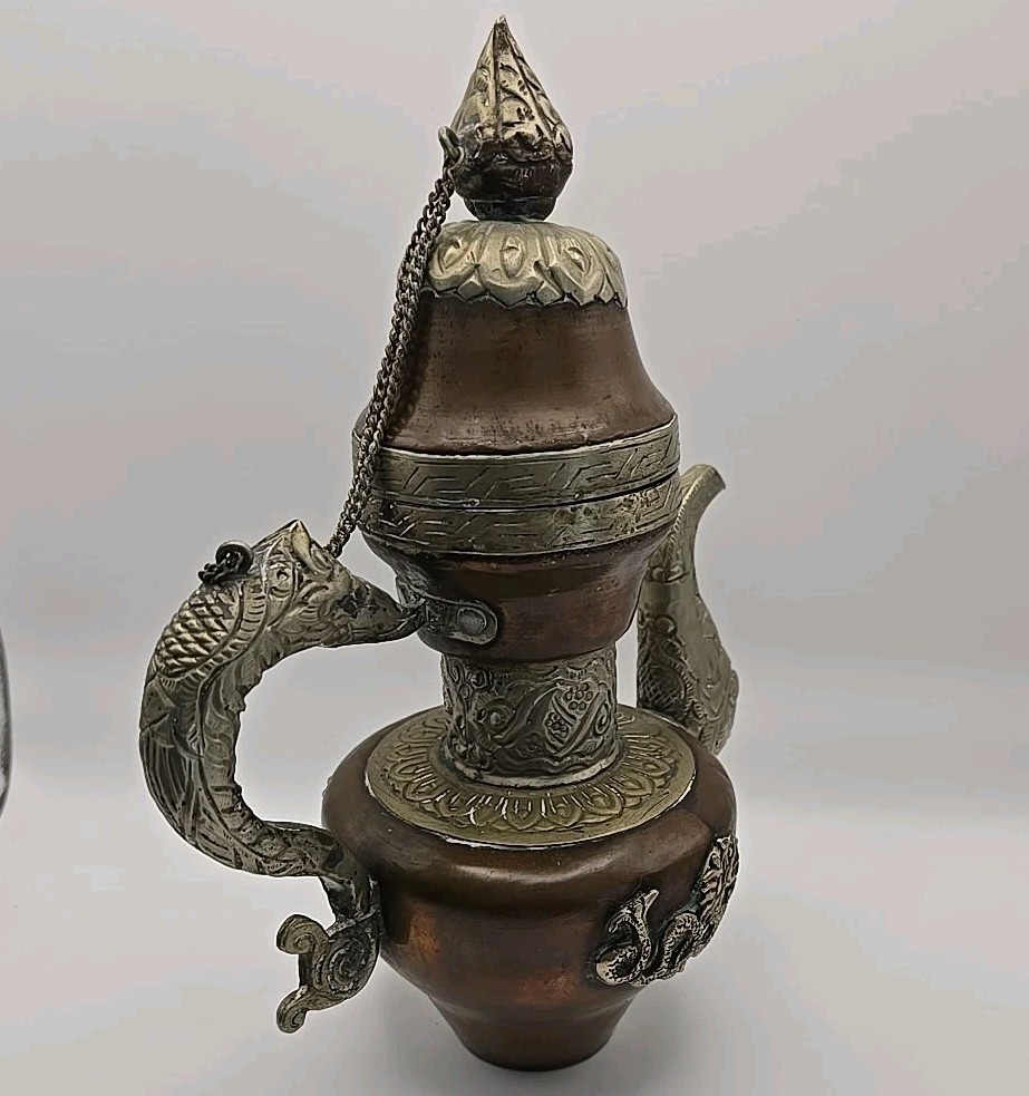 Antique Vintage Copper and Brass Carved Tibetan Teapot With Dragons EUC